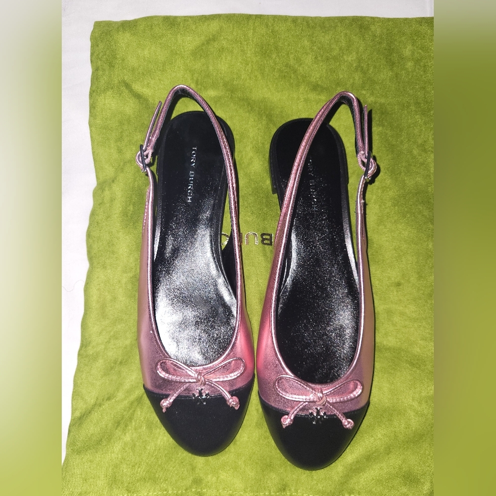 Tory Burch Metallic Pink and Black Flats with Bow - Picture 2 of 4